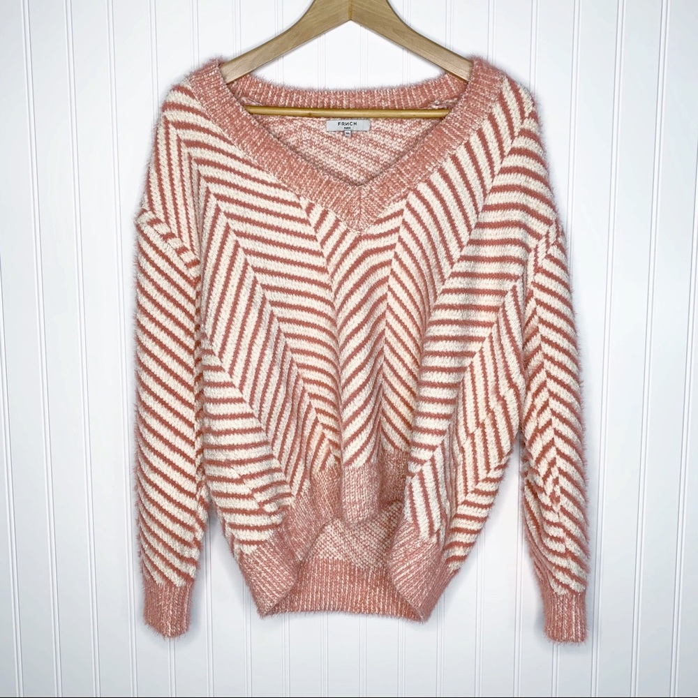 FRNCH Diagonal Stripe Chenille V-Neck Sweater M/L